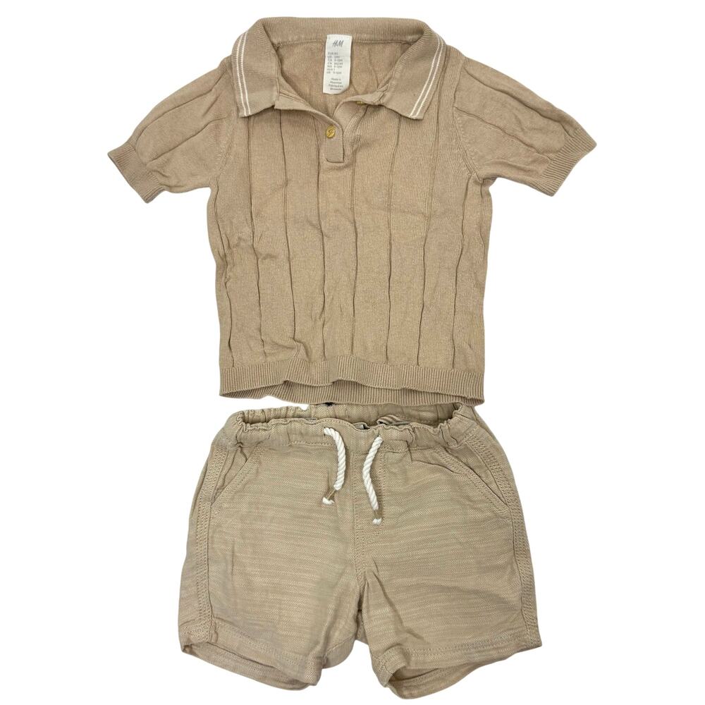 H&M Tan Beige Knit Polo Shirt Top & Cotton Shorts 2 Piece Outfit Size 12 Months